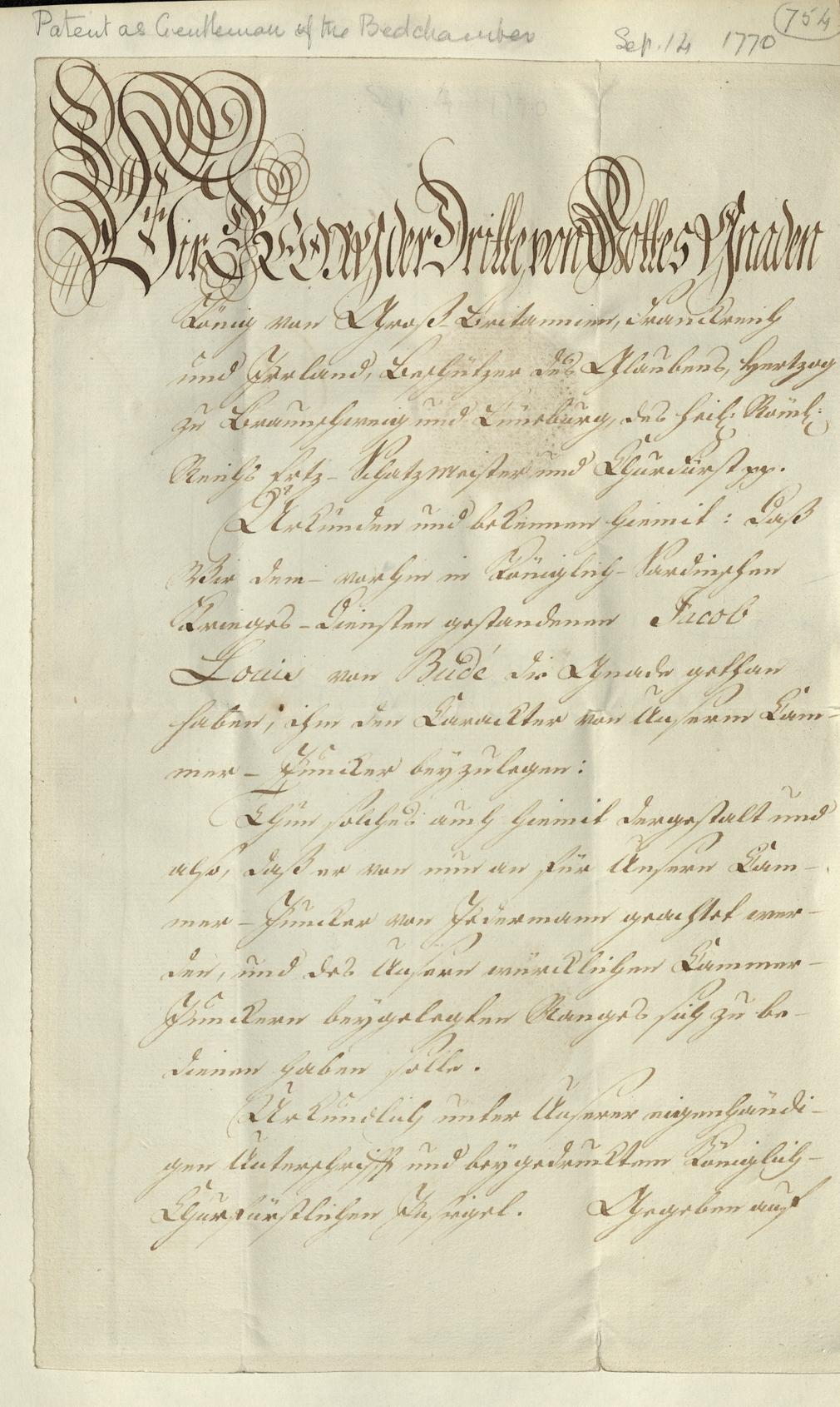 Manuscript pattent relating to General Jacob de Budé