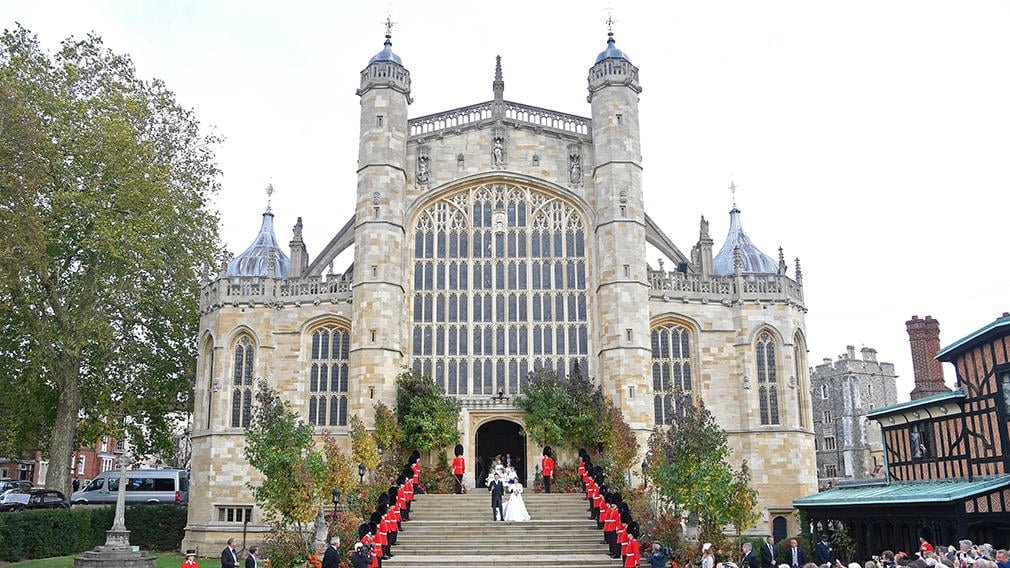 Princess Eugenie and Jack Brooksbank stand outside of St George's Chapel