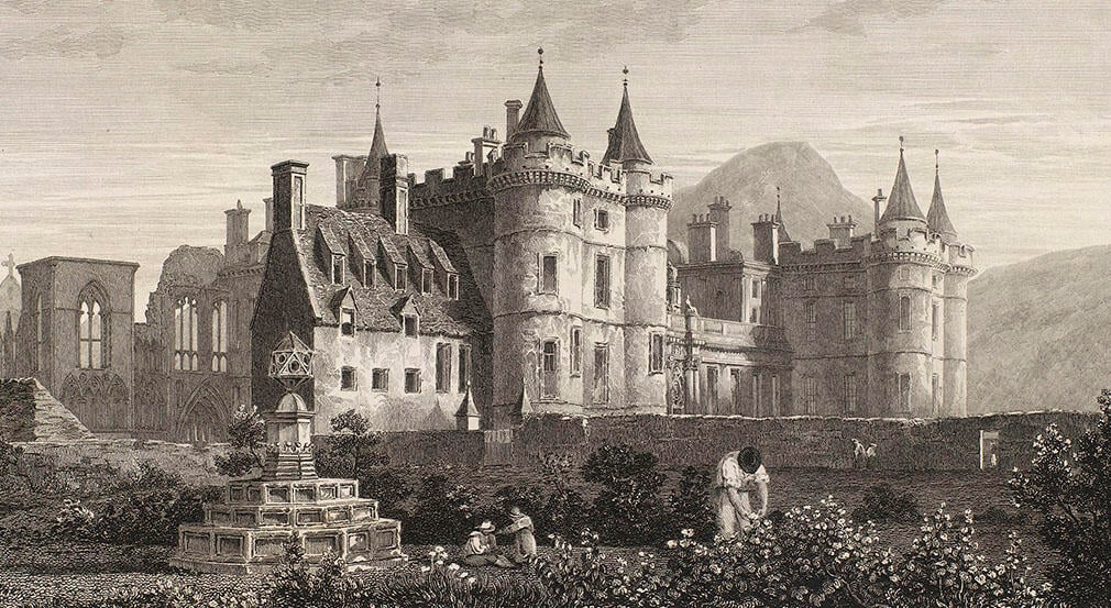 Black and white image of the palace with people tending to the gardens 